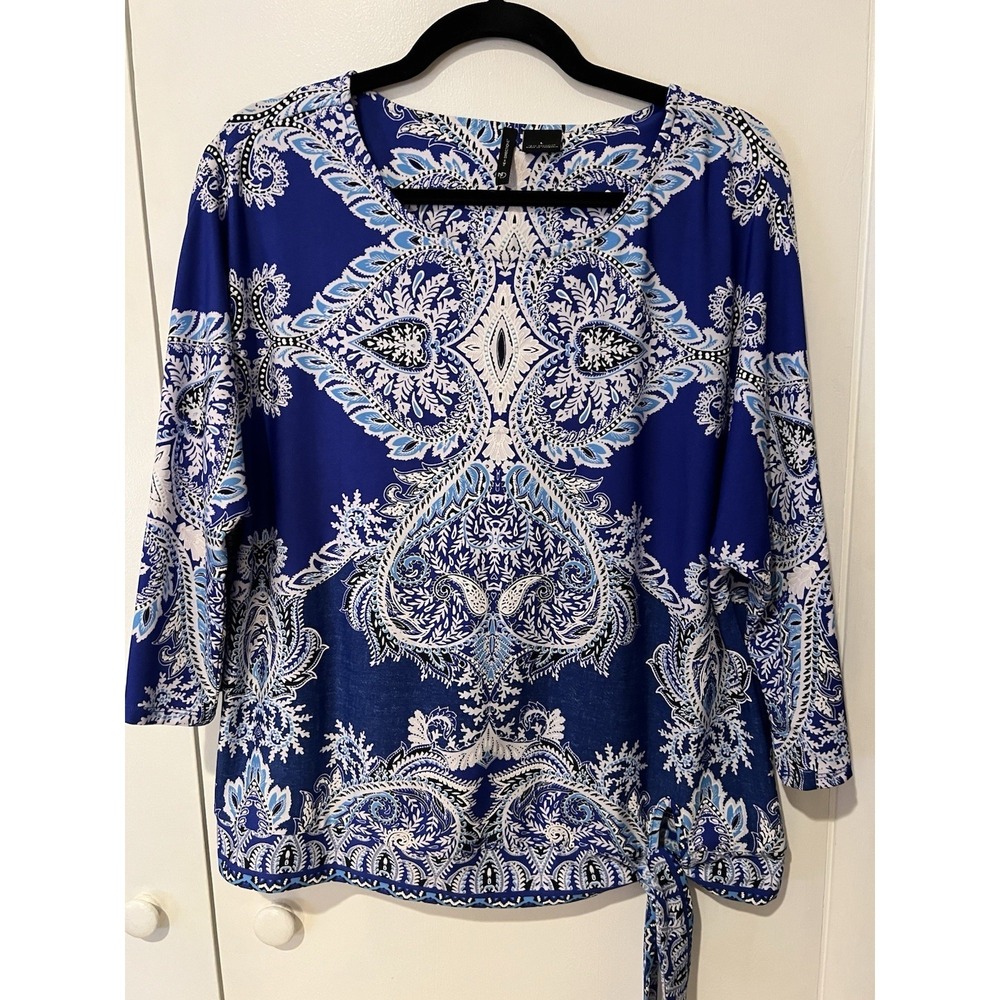 New Direction Womens‎ Blue Paisley Floral Tie Top Large Polyester Blend